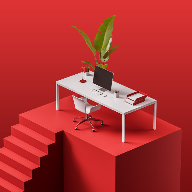 突出亮红色的讲台与白色的办公桌图片下载