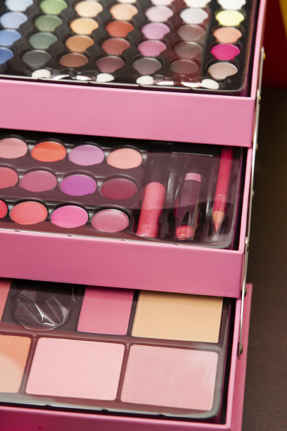 接近与眼影，唇膏，腮红和刷子粉红色化妆盒。图片下载