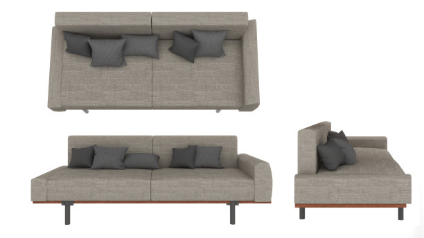 灰色织物沙发在白色背景，俯视图，侧面，3d渲染图片下载