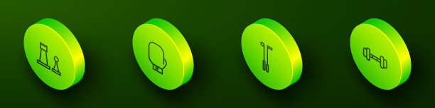 设置等距线象棋，拳击手套，高尔夫俱乐部和哑铃图标。向量图片下载