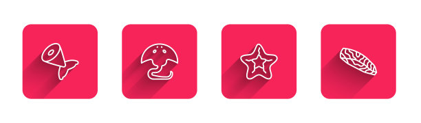 鱼尾、黄貂鱼、海星、长影牛排。红场按钮。向量图片下载