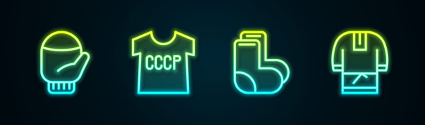 集线圣诞手套，苏联t恤，瓦伦基和科索沃沃罗特卡。发光的霓虹灯图标。向量图片下载