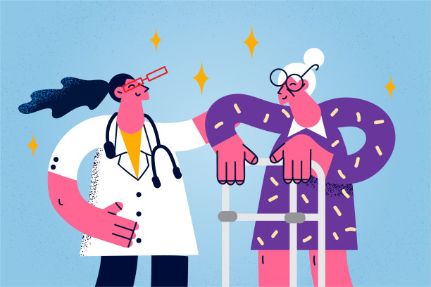 有爱心的医生在诊所帮助老妇人拄拐图片下载