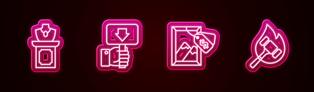 集拍卖珠宝拍卖、手持拍卖桨、绘画、锤子于一体。发光的霓虹灯图标。向量图片下载