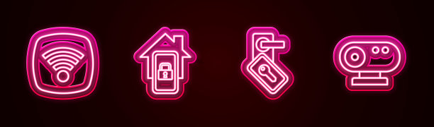 设有线Wi-Fi无线互联网，移动智能家居，数码门锁和网络摄像头。发光的霓虹灯图标。向量图片下载