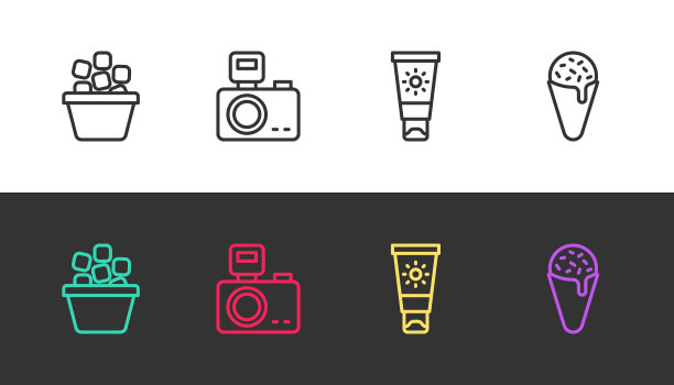 设置线冰桶，相机闪光灯，防晒霜管和华夫饼筒在黑色和白色。向量图片下载