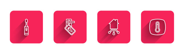 电动牙刷，数字门锁，智能家居，长影子恒温器。红场按钮。向量图片下载