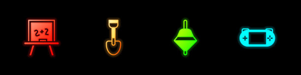 设置黑板，铲子玩具，旋转和便携式视频游戏控制台图标。向量图片下载