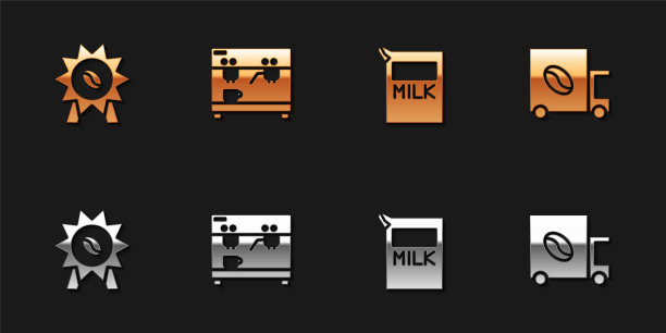 设置奖章咖啡，咖啡机，纸包牛奶和街头卡车图标。向量图片下载