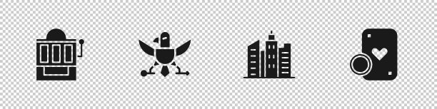 设置老虎机，老鹰，城市景观和赌场筹码扑克牌图标。向量图片下载