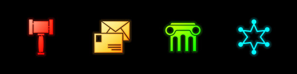 法官木槌、信封、法律支柱和六角警长图标矢量图图片下载