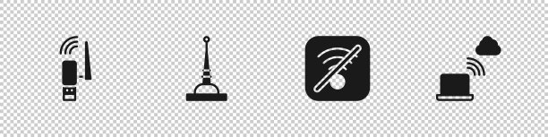 设置Usb无线网卡、天线、无Wi-Fi网络和网络云连接图标。向量图片下载