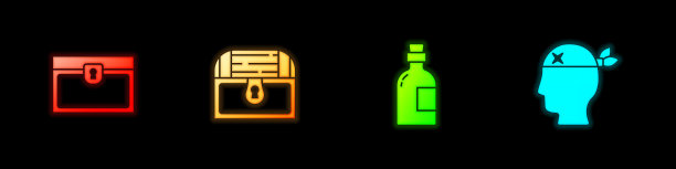 设置古董宝箱，酒喝朗姆酒和海盗船长图标。向量图片下载