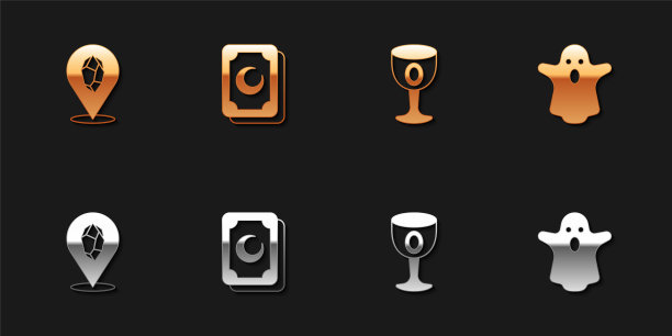 设置魔法石，塔罗牌，中世纪高脚杯和幽灵图标。向量图片下载