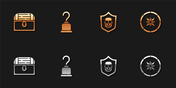 设置古董宝箱，海盗钩，带有海盗头骨和罗盘图标的盾牌。向量图片下载