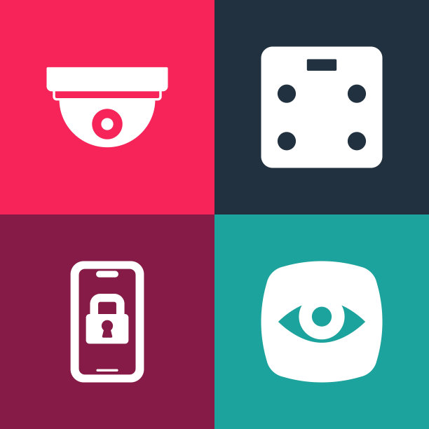 安防摄像头，数字门锁，智能浴室秤和运动传感器图标。向量图片下载