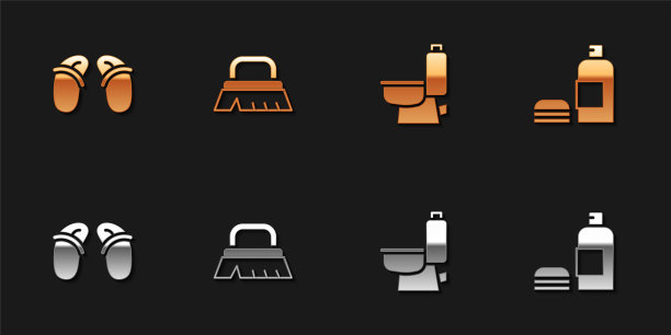 设置人字拖、清洁刷、抽水马桶和洗发水的瓶子图标。向量图片下载