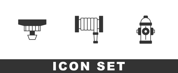 设置烟雾报警系统、消防软管卷轴和消火栓图标。向量图片下载