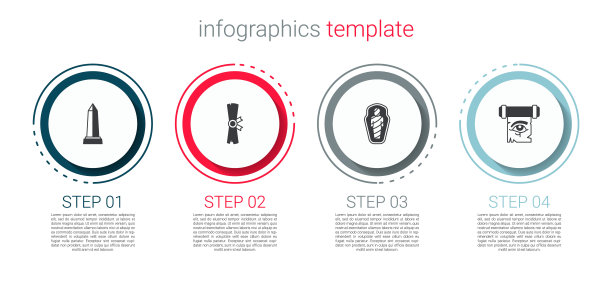 亚历山大方尖碑，纸莎草卷轴，石棺中的埃及木乃伊和纸莎草上的荷鲁斯之眼。业务信息模板。向量图片下载