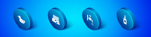 设置等距橡皮鸭，水龙头，液体肥皂瓶和毛巾堆图标。向量图片下载