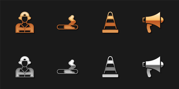 设置消防队员、香烟、交通锥和扩音器图标。向量图片下载