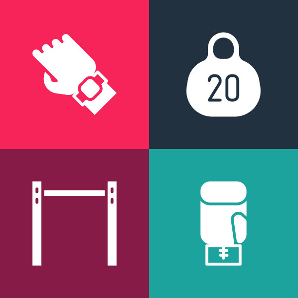 设置波普艺术拳击手套，水平酒吧，壶铃和智能手表手图标。向量图片下载