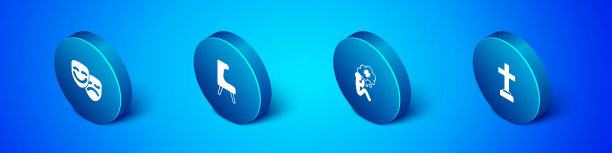 集喜剧和悲剧面具，援助之手，坟墓葬礼的悲伤和扶手椅的图标。向量图片下载