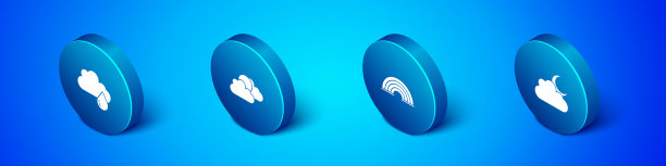 设置等距云与雨，彩虹，月亮和太阳和云天气图标。向量图片下载