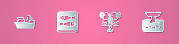 设置剪纸渔船，鱼罐头，龙虾和鲸鱼尾巴海洋波浪图标。纸艺术风格。向量图片下载