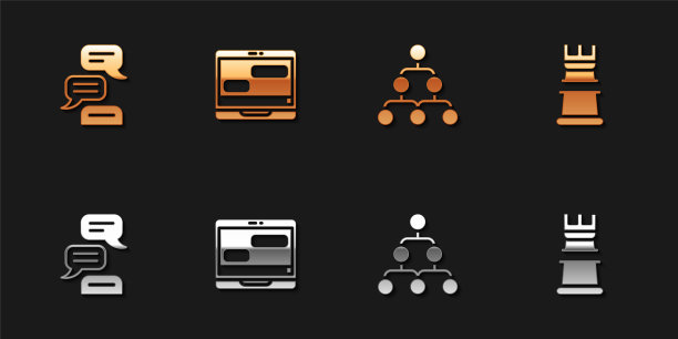 设置语音气泡聊天，聊天信息在笔记本电脑，层次组织图和业务策略图标。向量图片下载