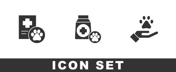 设置临床记录宠物，食物袋和手与动物足迹图标。向量图片下载