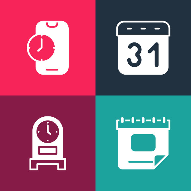 设置流行艺术日历，古董钟，和闹钟应用程序移动图标。向量图片下载