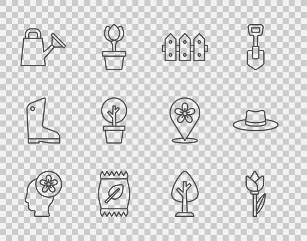 设置线人的头与花里面，花郁金香，花园栅栏木，肥料袋，浇水罐，森林，和园丁工人帽子图标。向量图片下载