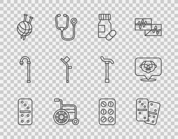 设置线多米诺骨牌，药瓶和药丸，轮椅，纱线球与编织针，拐杖或拐杖，药丸吸塑包装和爷爷的图标。向量图片下载