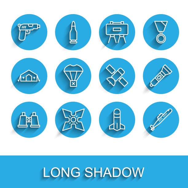 设置线双筒望远镜，日本忍者飞镖，手枪或枪，火箭，潜艇，降落伞上的盒子飞行，手电筒和卫星图标。向量图片下载