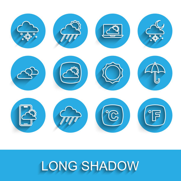 设置线天气预报，云与雨，雪，摄氏度，华氏度，雨伞和太阳图标。向量图片下载