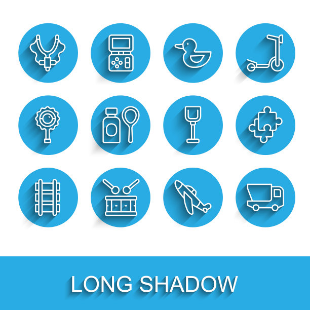 设置线玩具铁路，鼓鼓棒，弹弓，飞机，卡车，肥皂泡沫瓶，拼图玩具和铲图标。向量图片下载