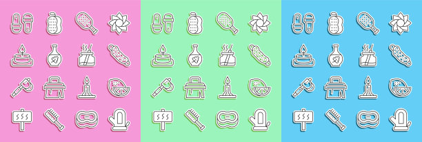 设置线桑拿手套，柠檬，毛巾，刷子，精油瓶，香薰蜡烛，拖鞋和扩散器图标。向量图片下载