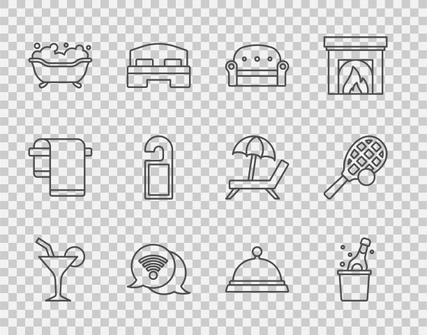 设有鸡尾酒，香槟，沙发，无线网络，浴缸，请勿打扰，托盘食物和网球拍球图标。向量图片下载