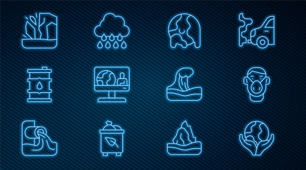 设置线手握地球仪，面具，全球变暖，天气预报，石油桶，冰川融化，海啸和云与雨的图标。向量图片下载