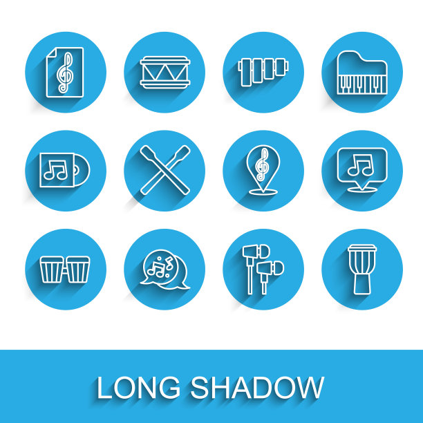 设置线鼓，音乐音符，音调，高音谱号，空气耳机，棍子，和图标。向量图片下载