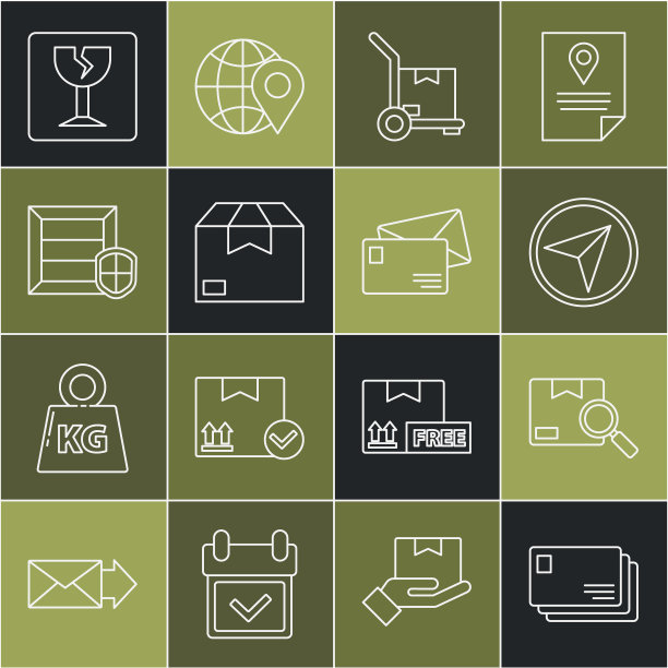 集信封，搜索包，城市地图导航信息图，手动卡车和箱子，纸箱，纸板，运送安全盾牌，易碎玻璃和图标。向量图片下载