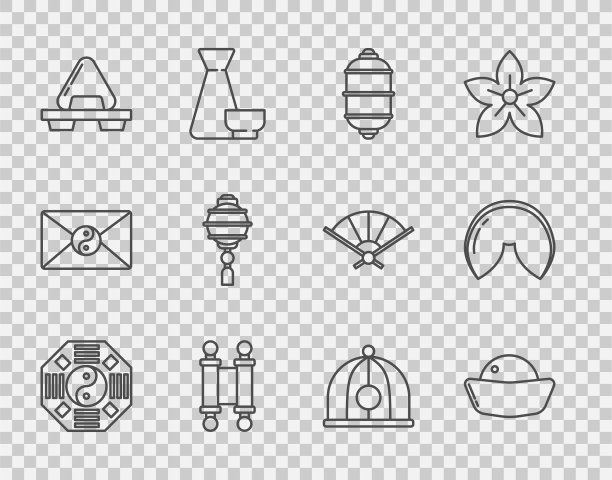 设置线阴阳，寿司，中国纸灯笼，政令，纸，羊皮纸，卷轴，砧板，帽子和幸运饼干图标。向量图片下载