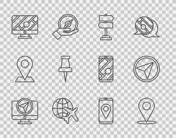 设置线路监视器与位置标记，位置，道路交通标志，全球飞行飞机，推销，城市地图导航和城市图标信息图。向量图片下载