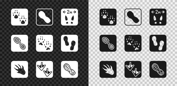 设置爪印，人的脚印鞋，安全距离，鳄鱼，鹅爪，狐狸图标。向量图片下载