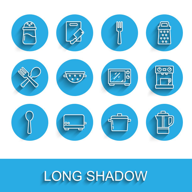 设置线汤匙，烤面包机，盐，煮锅，茶壶，厨房滤锅，咖啡机和微波炉图标。向量图片下载