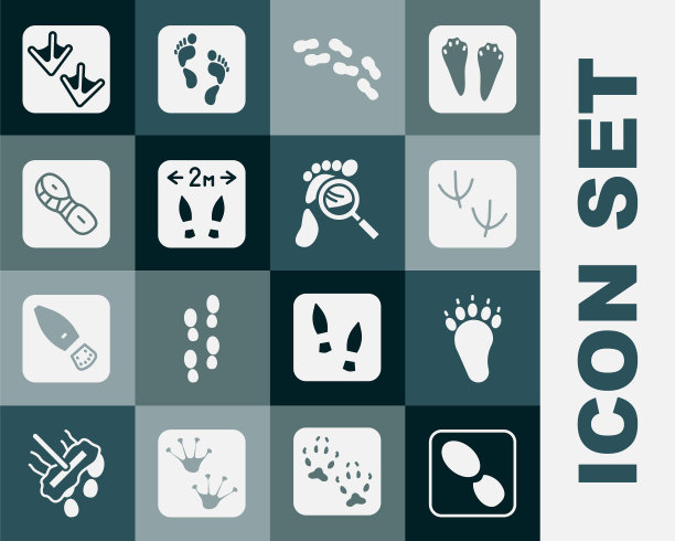 设置人的脚印鞋，熊掌，鸽子，安全距离，鹅和放大镜的脚印图标。向量图片下载