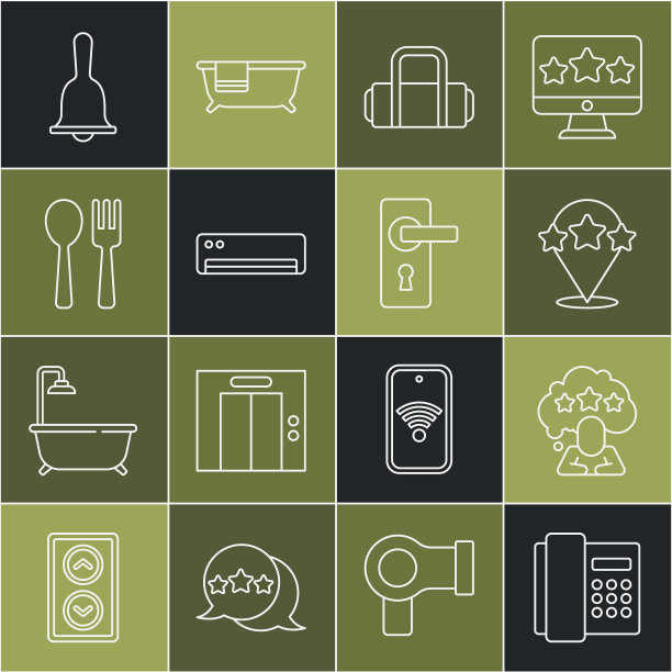 设有电话听筒、五星评级、旅行箱、空调、餐匙、酒店服务铃及门把手图标。向量图片下载