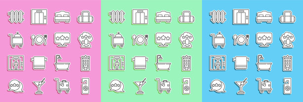 设置线路请勿打扰，酒店建筑，五星级评级，房间床，盘子，刀叉，托盘，暖气散热器和图标。向量图片下载