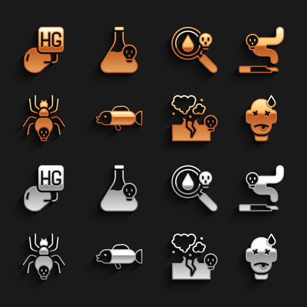 设置河豚，香烟，人中毒，有毒气体或烟雾云，蜘蛛，放大镜，滴水银和烧杯有毒液体图标。向量图片下载